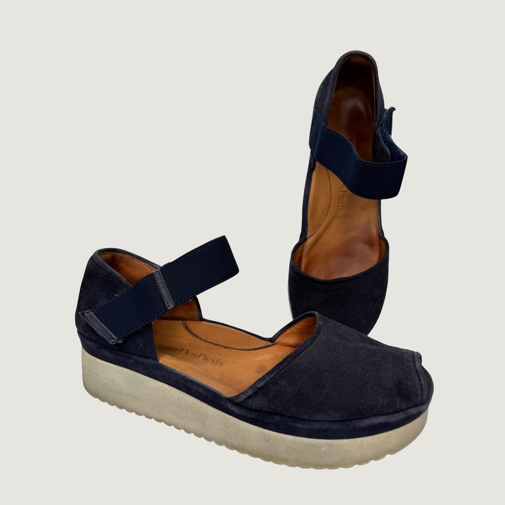 Size 8.5M L'Amour Des Pieds Sandals Navy Blue Suede Platform Elastic Strap